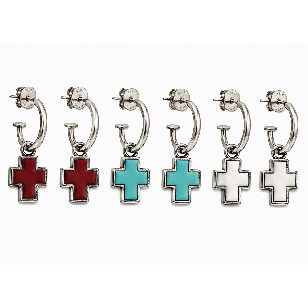 925 Sterling Silver Thailand Cross Huggie Hoop Earrings Coral Turquoise Silver
